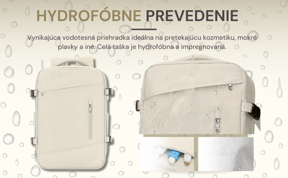 Batoh s hydrofóbnou úpravou a vodotesnou priehradkou, ideálny pre pretekajúcu kozmetiku, mokré plavky a iné. Celá taška je hydrofóbna a impregnovaná